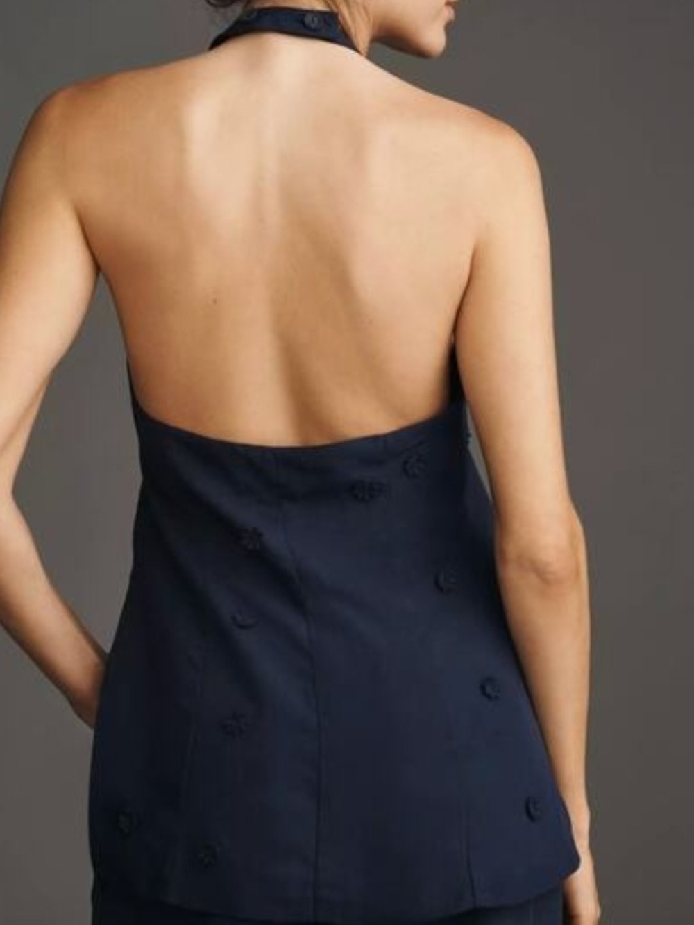 anthropologie maeve linen halter button front flower vest - Navy - Picture 2 of 6